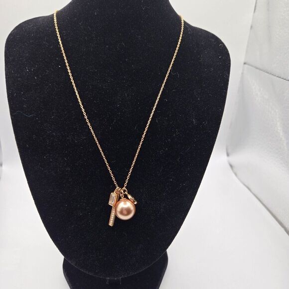 Michael Kors Rose Gold-Tone Necklace Pearl Crystal Pendant Accents - Picture 1 of 4